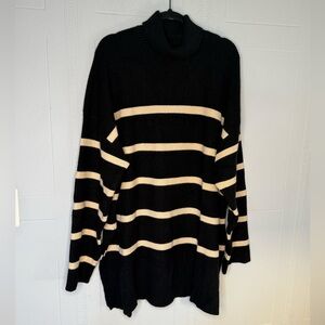 Black & Cream Striped Turtleneck Sweater - Women